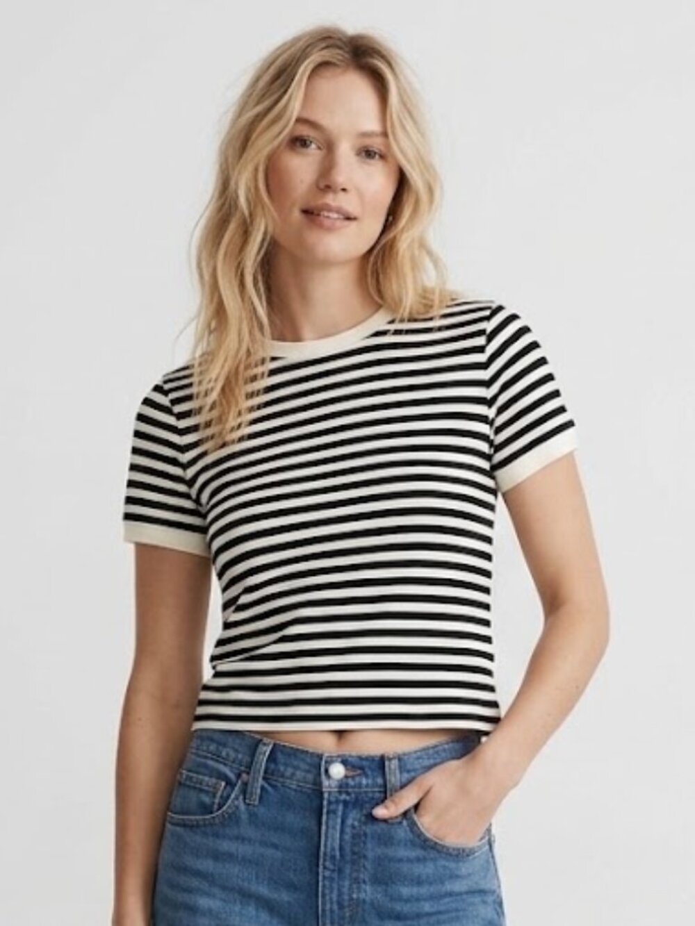 Madewell Perfect Allday Jersey Crewneck Baby Tee Black White Size XS NWT